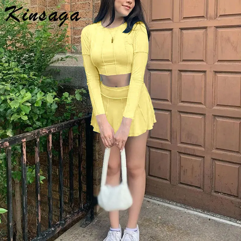 

Женский однотонный спортивный костюм Y2k, комплект из двух предметов, укороченный Топ с длинным рукавом и мини-юбка, модный синий костюм в Кор...