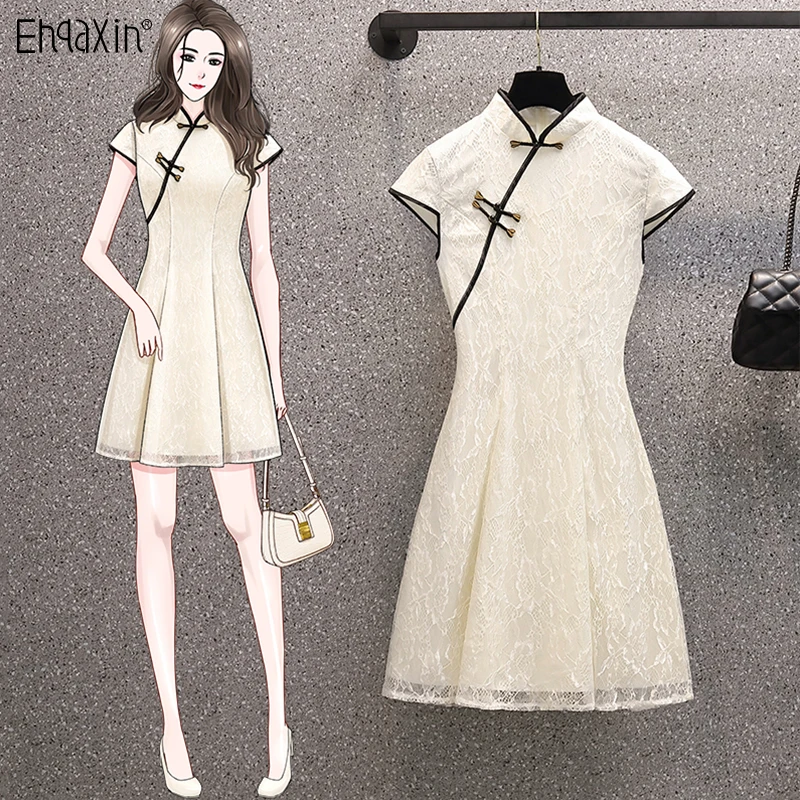 

Летнее платье EHQAXIN в стиле ретро, элегантное улучшенное платье-Ципао с кружевной строчкой, женское платье в этническом стиле