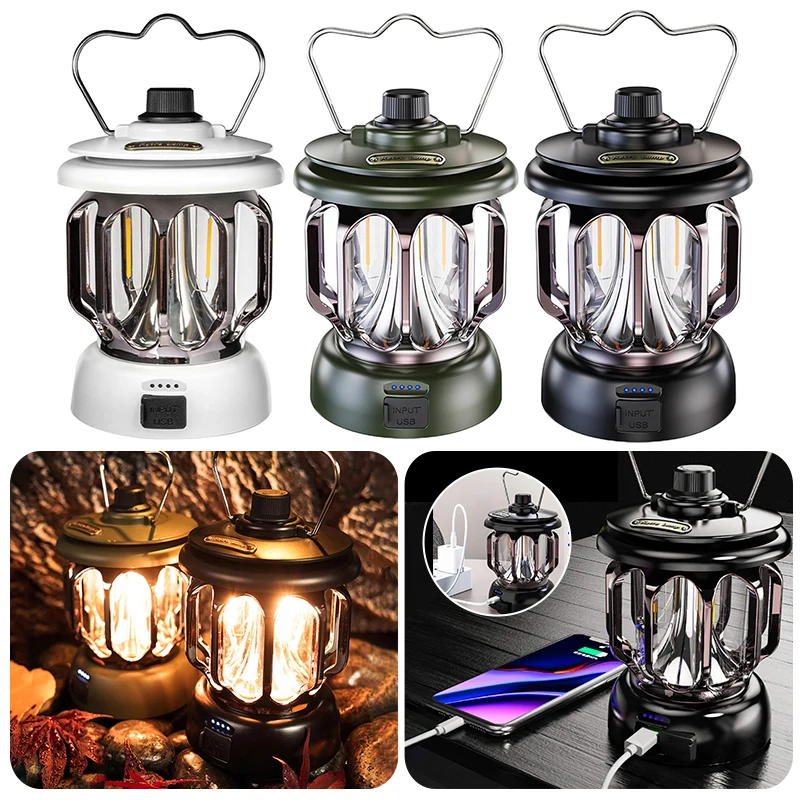 

Светодиодный светильник для кемпинга, Портативный ретро фонарь, винтажный светильник для палатки, s USB-зарядка, водонепроницаемый уличный д...