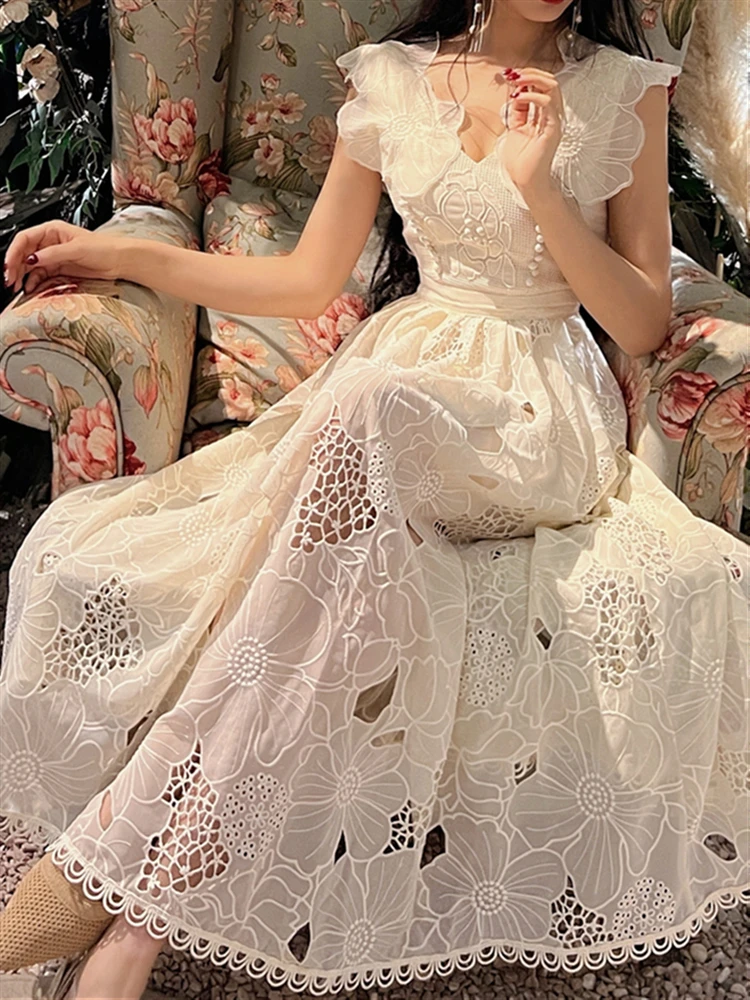 

Party Backless Sexy Maxi Dress Runway Boho Lace 2022 Embroidery Beach Sleeveless Summer Dresses for Women Clothing Solid Vestido