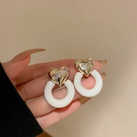 high quality shiny gold metal heart cubic zirconia white enamel circle earrings for women fashion geometric orecchini donna