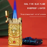 new windproof double jet torch lighter gas cigar cigarette refill lighter creative embossed dragon metal grinding lighter gift