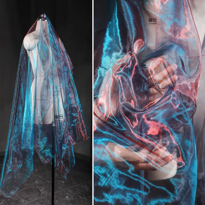 

Ancient Red Blue Gradient Water Gloss Organza Fabric Semi Transparent Wedding Dress Performance Apparel Designer Sewing Cloth