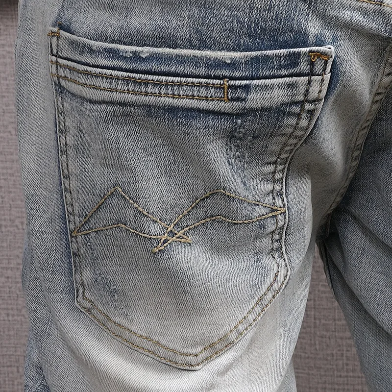 Short Jeans Men Streetwear Splash-ink Printed Denim Shorts Fashion Casual Light Blue Stretch Straight Pants