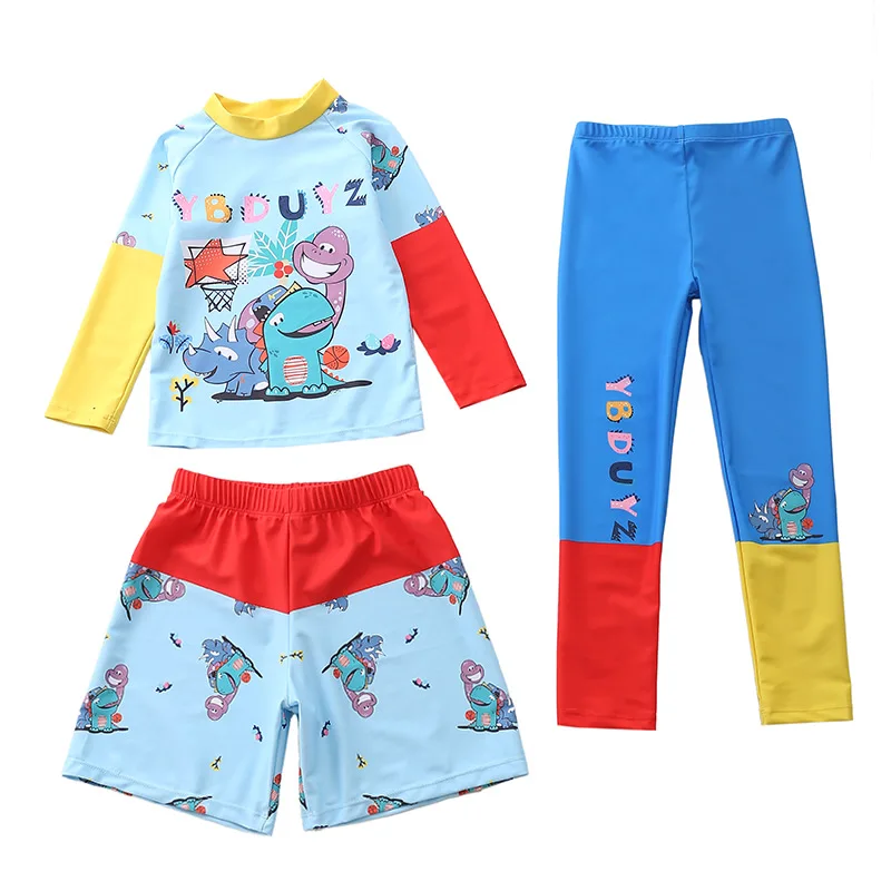 Children's Swimwear 3 Pieces Long Sleeve Rash Guard Dinosaur Print Swimsuit Boy Beach Diving Surfing Swimming Bathing Suit Kids