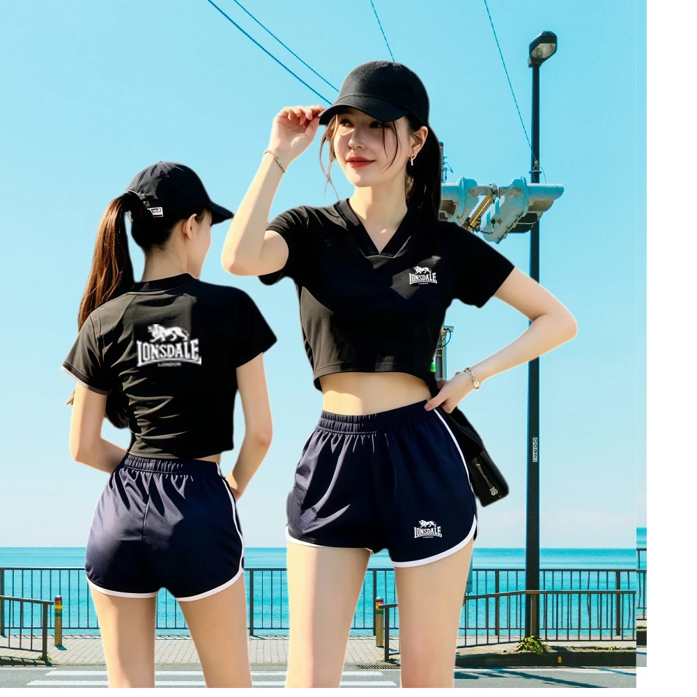 Фото Летний комплект LONSDALE, новые тонкие женские футболки с коротким рукавом, модный комплект, повседневная спортивная одежда, шорты, комплект из двух предметов №2