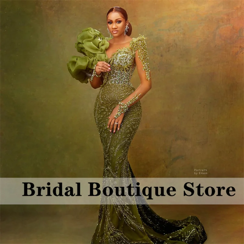 

Elegant Mermaid Evening Dresses 2023 Long Sleeves Sparkly Beads Sequins Luxury African Wedding Prom Party Dress Robes De Soirée