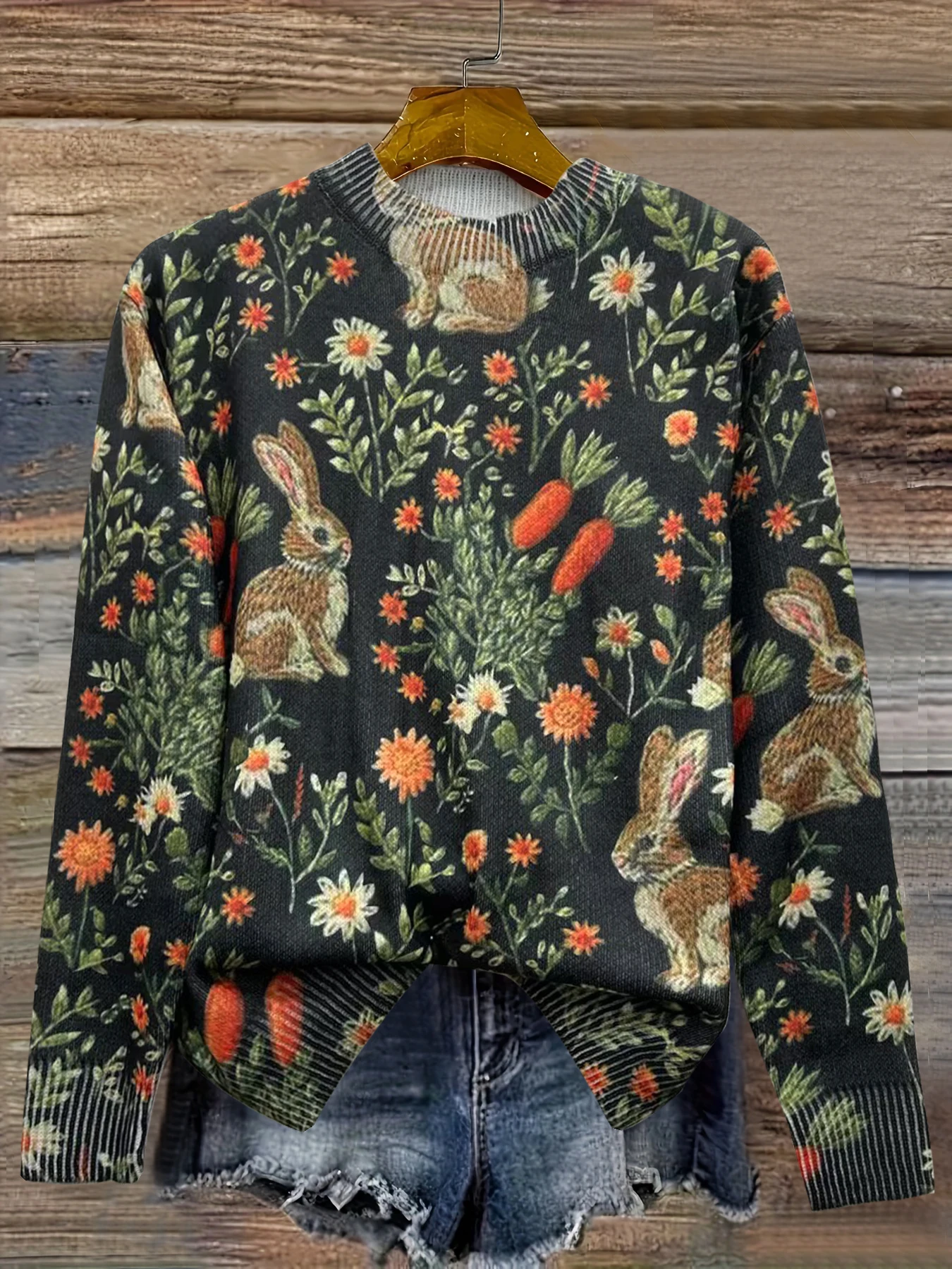 Женский свитер с принтом кролика повседневный и универсальный круглым вырезом