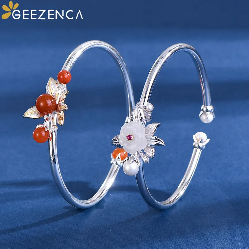 

GEEZENCA 925 Silver Amber Agate Jade Jasper Flower Open Bangles For Women Vintage Luxury Natural Stone Bangle 2022 New Jewelry