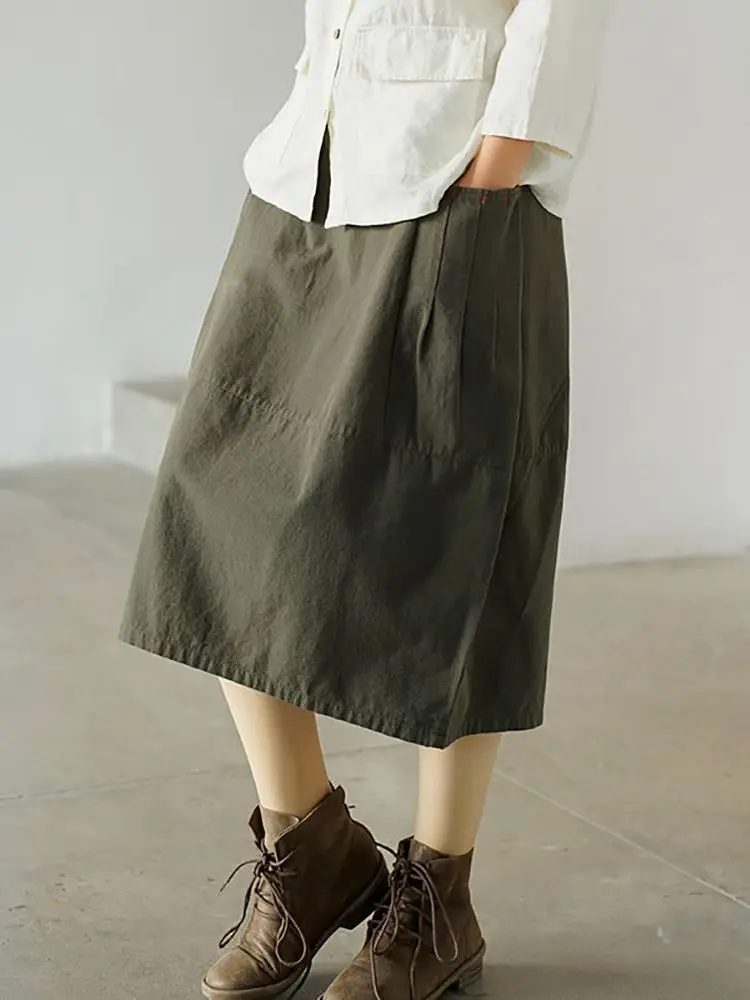 Long Skirt Brown 2022 Summer Korean Fashion Street Elastic Waist Green Midi Skirt Women Casual Pocket A Line Skirts Autumn