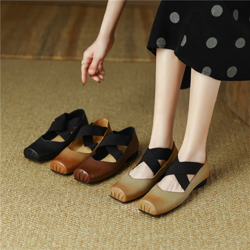Insicre Cow Leather Elastic Band Low Heels 2022 Fashion Autumn Women Pumps Square Toe Top Quality Size 42 Hand Rubbing