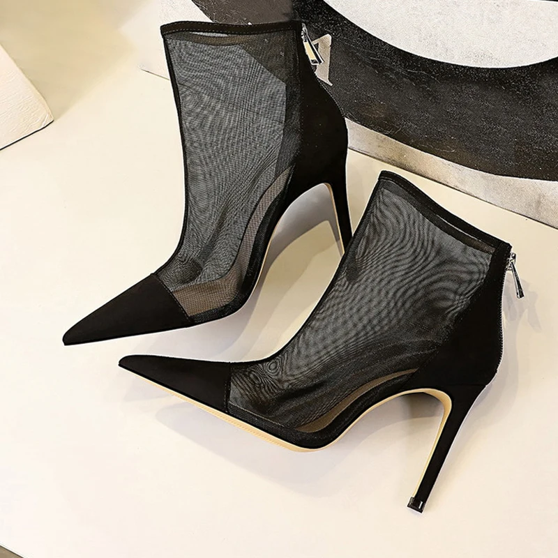 Spring Autumn New Sexy Mesh Ankle Boots Women's Pointed Toe Stiletto Heels Fashion Zip Ladies Party Shoes Size 34-40 Female Shoe