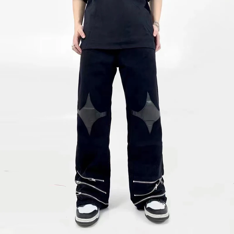 

Feet Zipper Decorate Leather Stars Embroidery Black Mens Denim Trousers High Street Oversized Straight Baggy Jeans Pants