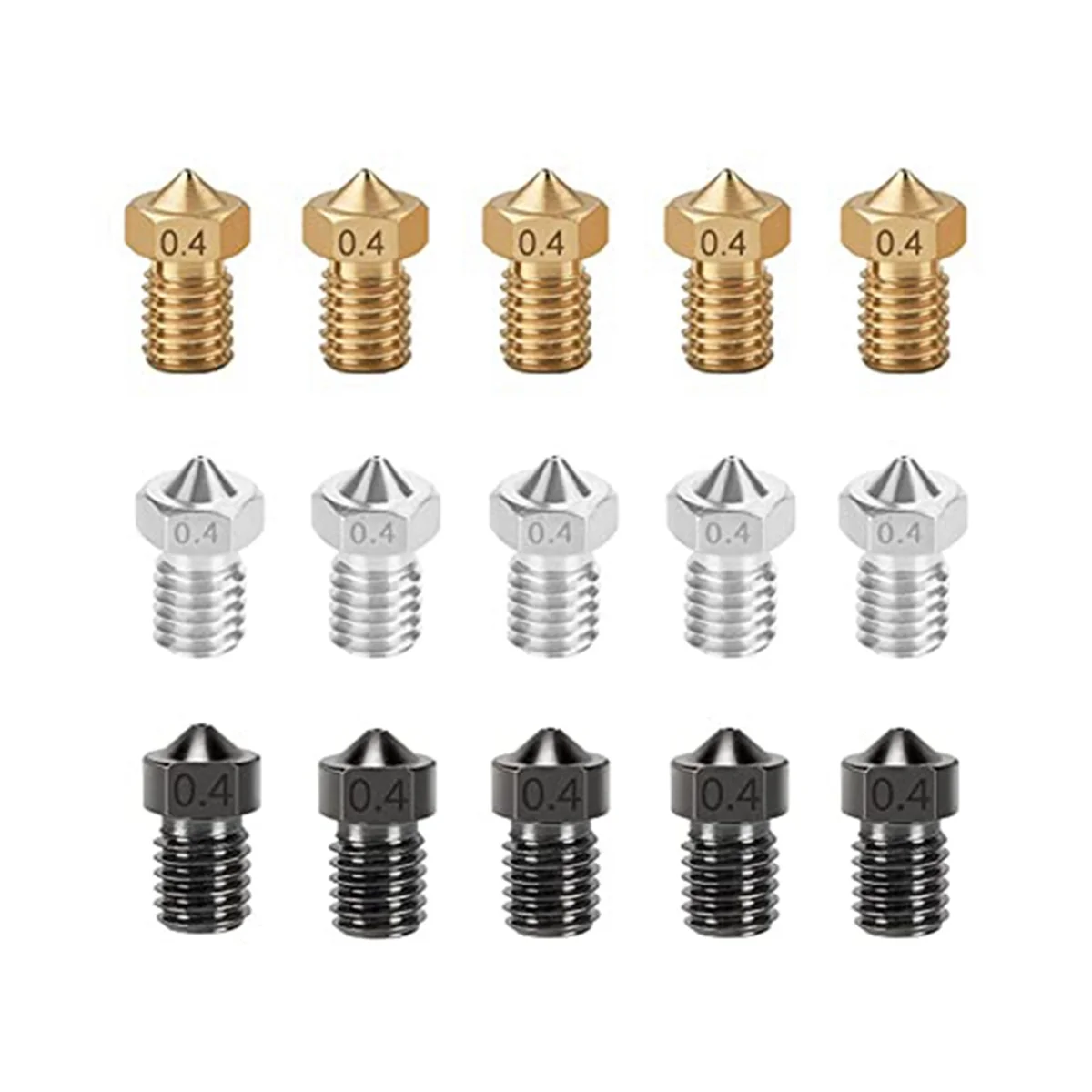 

15PCS Nozzles Kit for Anycubic Koba, 5PCS Hardened Steel + 5PCS Stainless Steel + 5PCS Brass 0.4mm Nozzles Kit