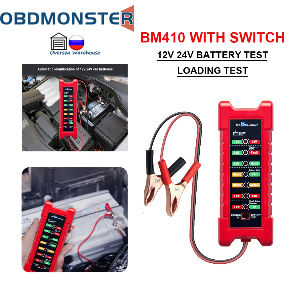 

BM410 Cars Battery Tester 12V 24V Loading Test Reverse Protection Truck Motorcycle Alternator Check Automotive Voltage Detector