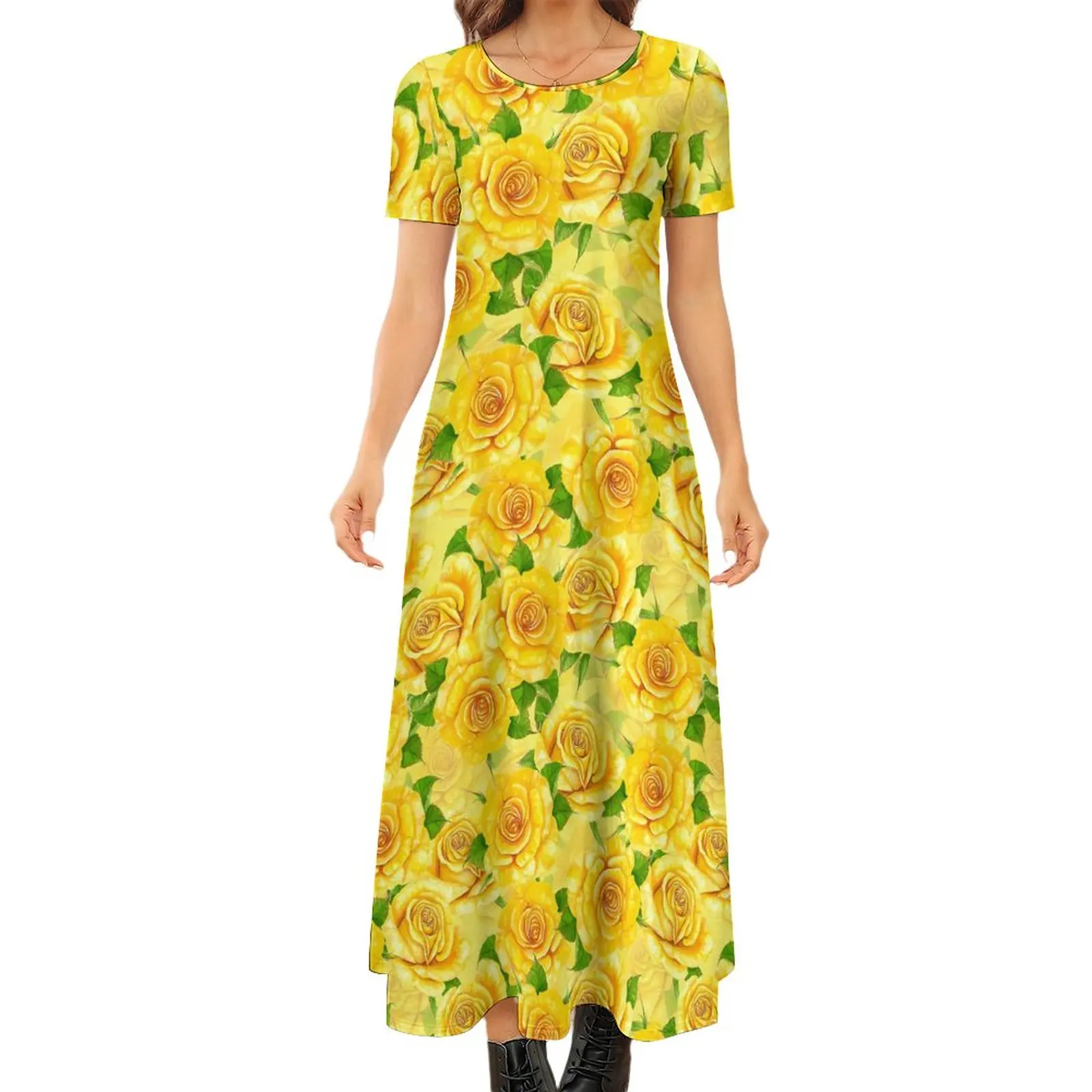 

Yellow Rose Dress Watercolor Flowers Streetwear Bohemia Long Dresses Female Kawaii Maxi Dress Birthday Present