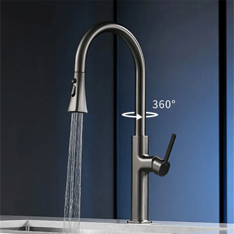Выдвижной кухонный смеситель Tuqiu латунный Черный кран на раковину вращение 360