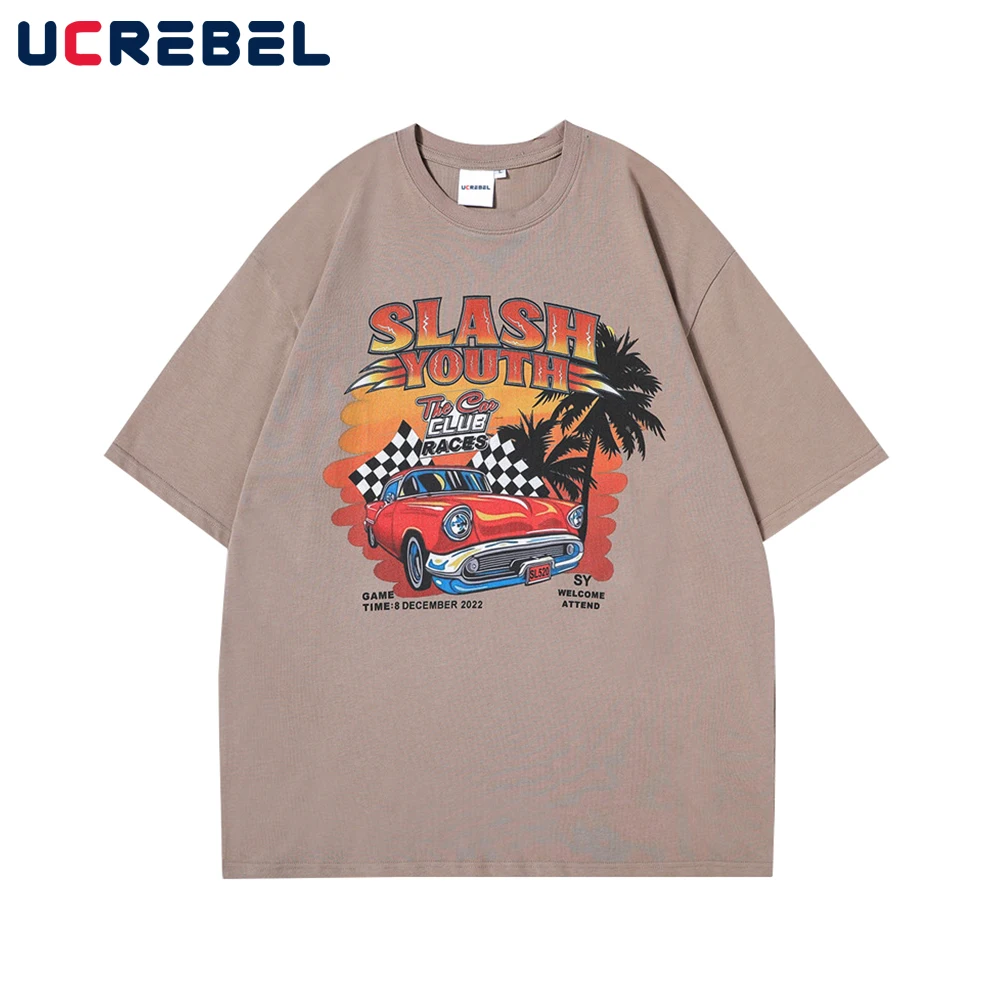

Car Print Short Sleeve T-shirt Mens Streetwear Summer Casual Half-Sleeve High Street Loose Crew Neck Cotton Tee Men