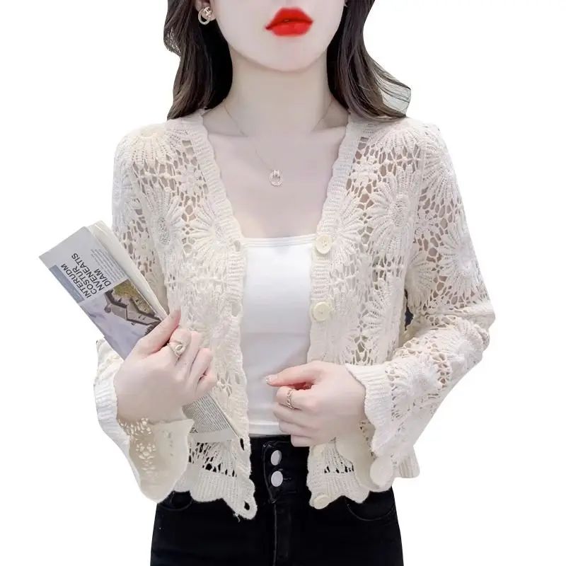 Шаль летняя верхняя одежда кардиган женская тонкая вырезанная вязаная маленькая