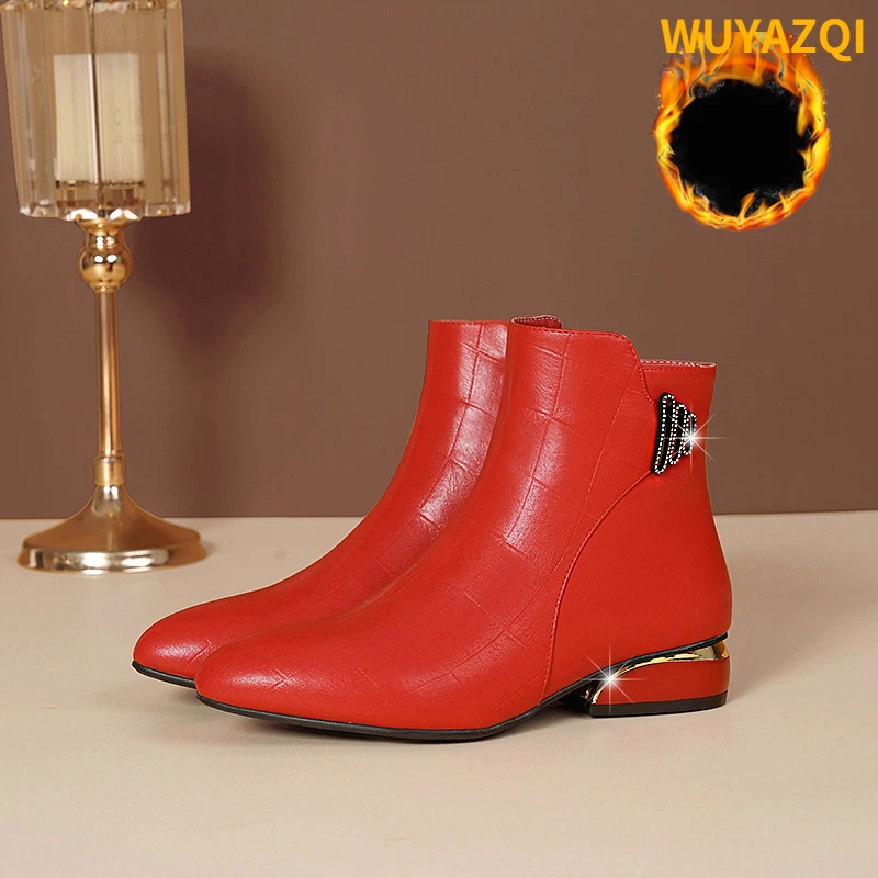 

WUYAZQI Women's Short Boots New comfortable warm women's Martin boots fashion low heel women's shoes red fashion shoes B8