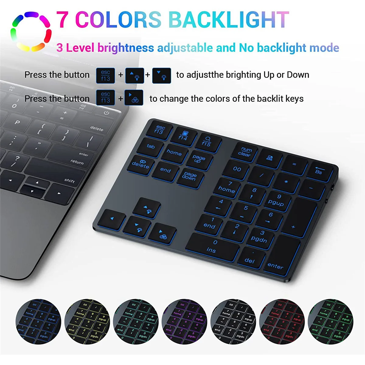 

Bluetooth цифровая клавиатура с подсветкой, 34 клавиши, перезаряжаемая беспроводная цифровая панель, тонкая с 7-цветной подсветкой, для ПК на Windows