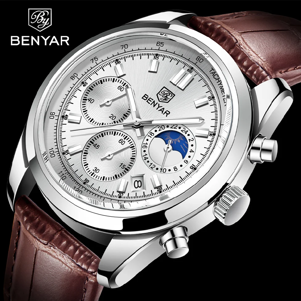 

BENYAR New Men Watch 30ATM Waterproof Stainless Steel Quartz Wristwatches Luxury Leather Military Chronograph Watch reloj hombre