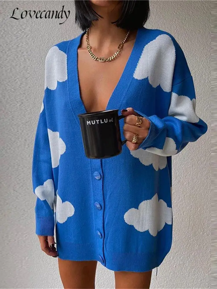 

Women Chic Floral Printed Knitting Sweater Female V-Neck Single-Breasted Buttons Sweaters Cardigans Autumn Lady Streetwear Coat