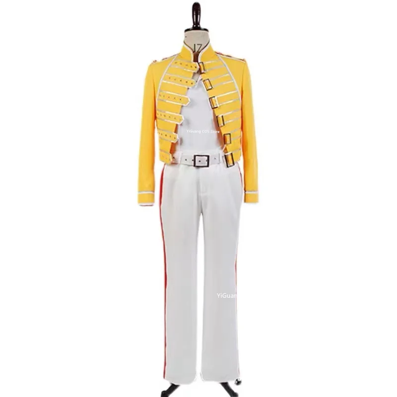 Queen Lead Vocals Freddie Mercury Cosplay Costume Adult Men Women Yellow Uniform Costume Full set Halloween Carnival Custom Made