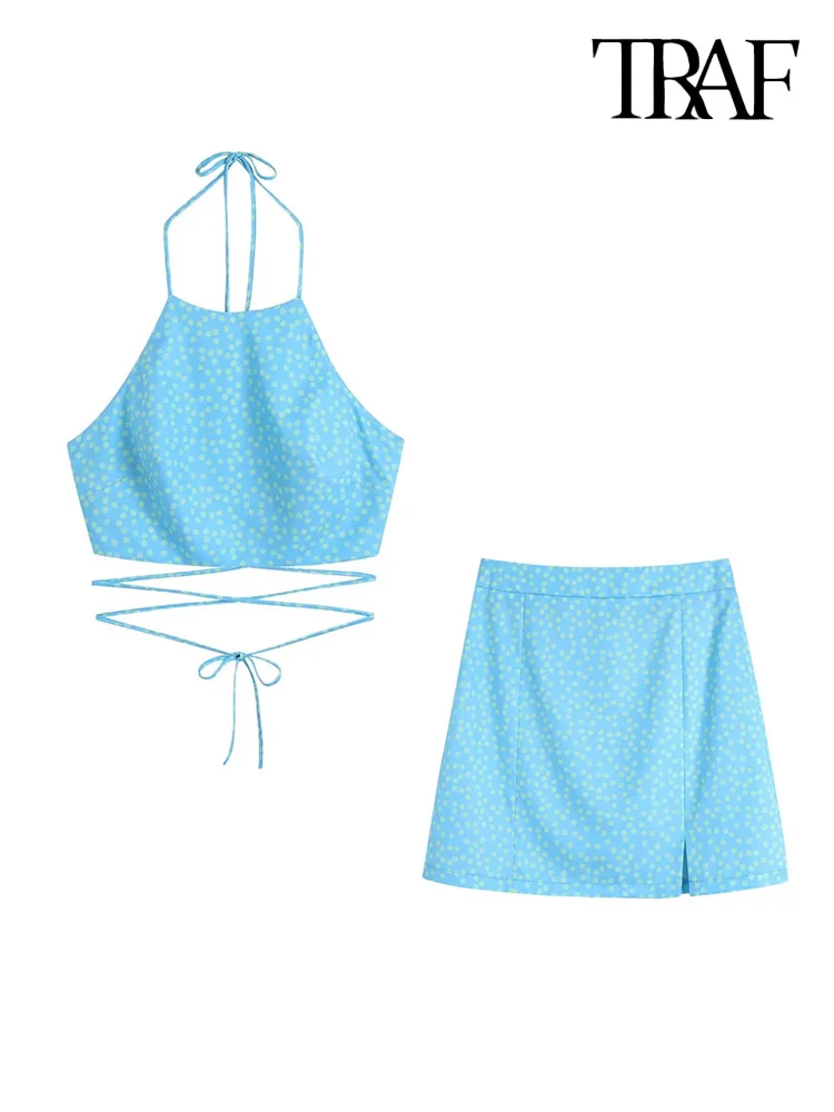 

TRAF Women Fashion With Tied Polka Dot Crop Halter Tops And High Waist Midi Skirt Female Two Pieces Sets Mujer