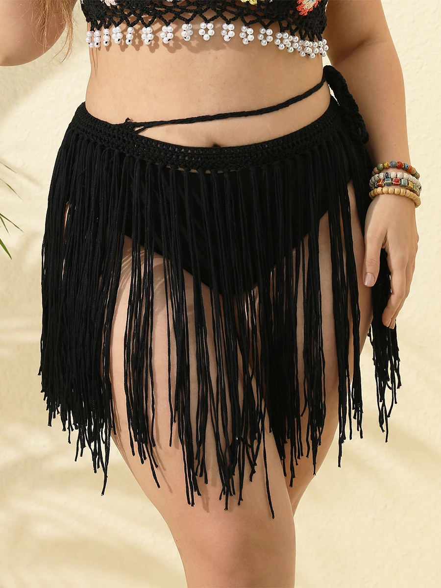 

Женская вязаная накидка-саронг, однотонная пляжная мини-юбка с бахромой, летняя прозрачная накидка на купальник