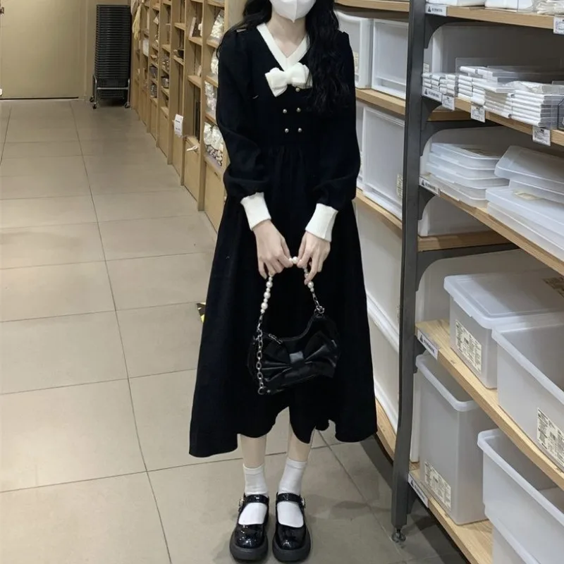 

Deeptown Japanese Style Black Tunic Dress Women Korean Fashion Preppy Uniform Bow Long Sleeve Midi Dresses Sweet Ribbon Vestidos