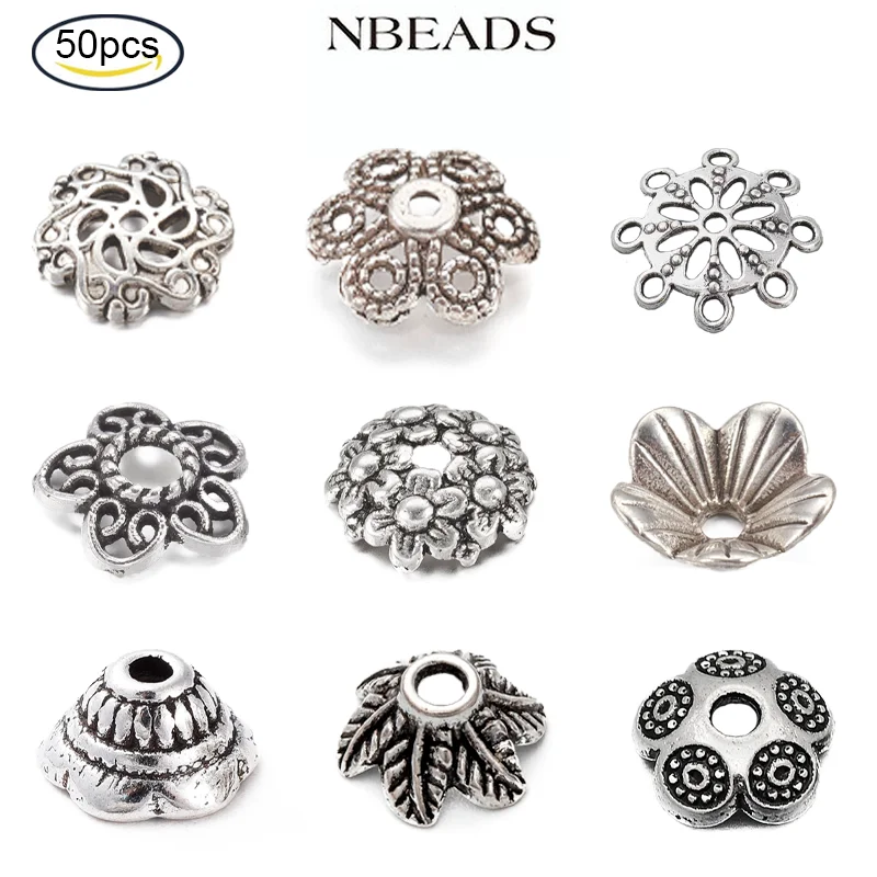 

50PCS Tibetan Style Alloy Bead Caps Lead Free Cadmium Free Flower Antique Silver