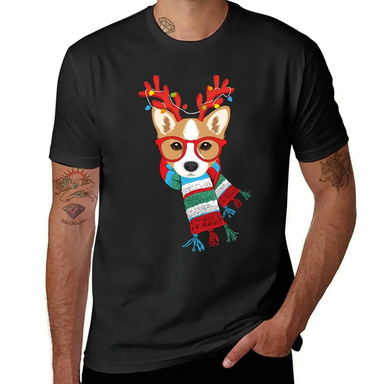 Футболка Corgi Xmas Holidays Reindeer Christmas Lights с короткими рукавами Черные футболки Louboutins для