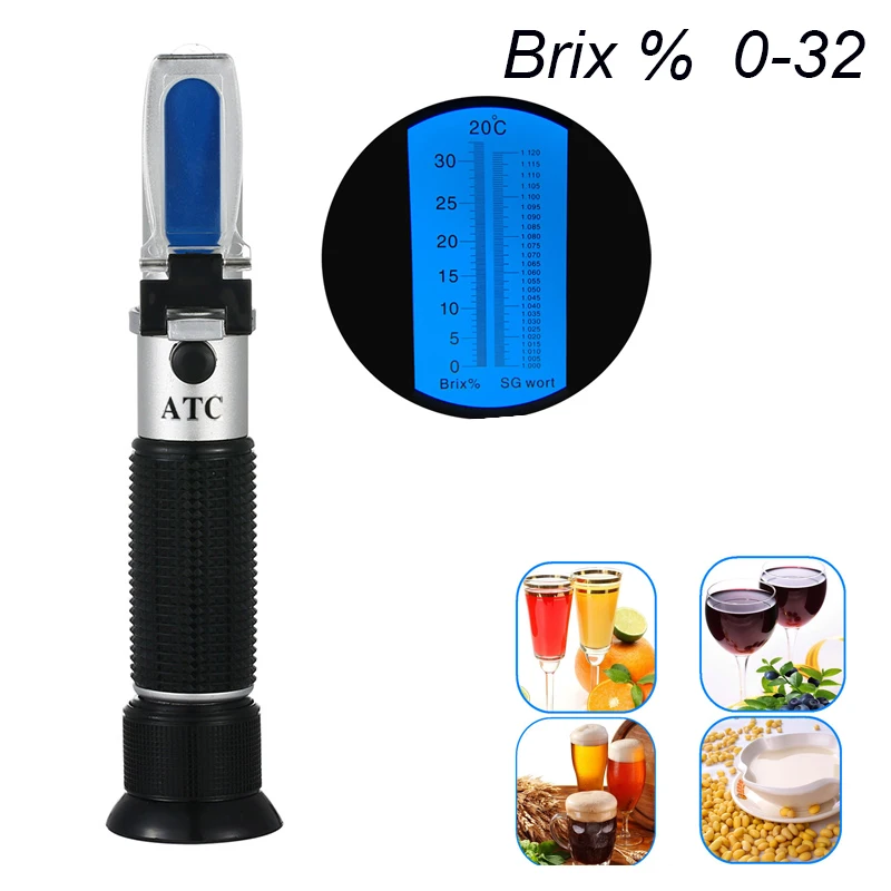 

Meter Sugar Refractometer Densimeter With Tester Brix Grapes Saccharimeter 0-32% Handheld Sugar Fruits Atc Concentration