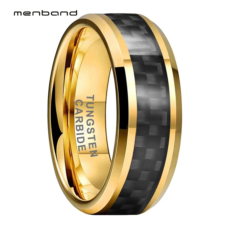 

Yellow Gold Tungsten Ring Wedding Ring For Men And Women With Black Carbon Fiber Inlay 8MM Comfort Fit