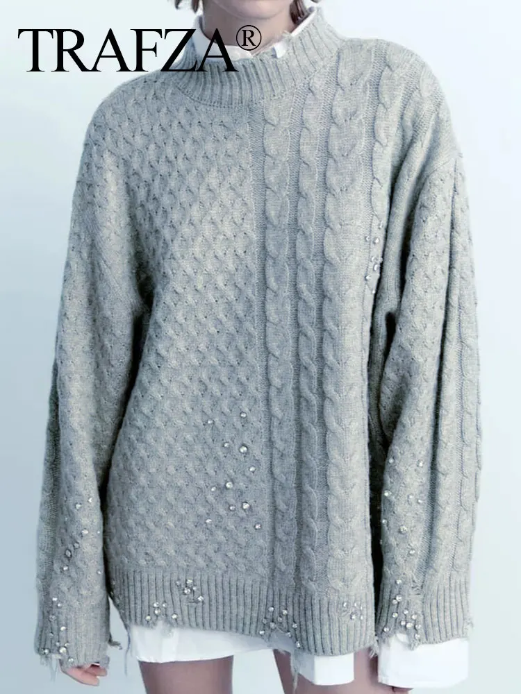 

TRAFZA 2023 Autumn Women Fashion Pullovers Knitted Irregular Gemstone Decoration Sheath Sweater Woman Versatile Female Sweaters
