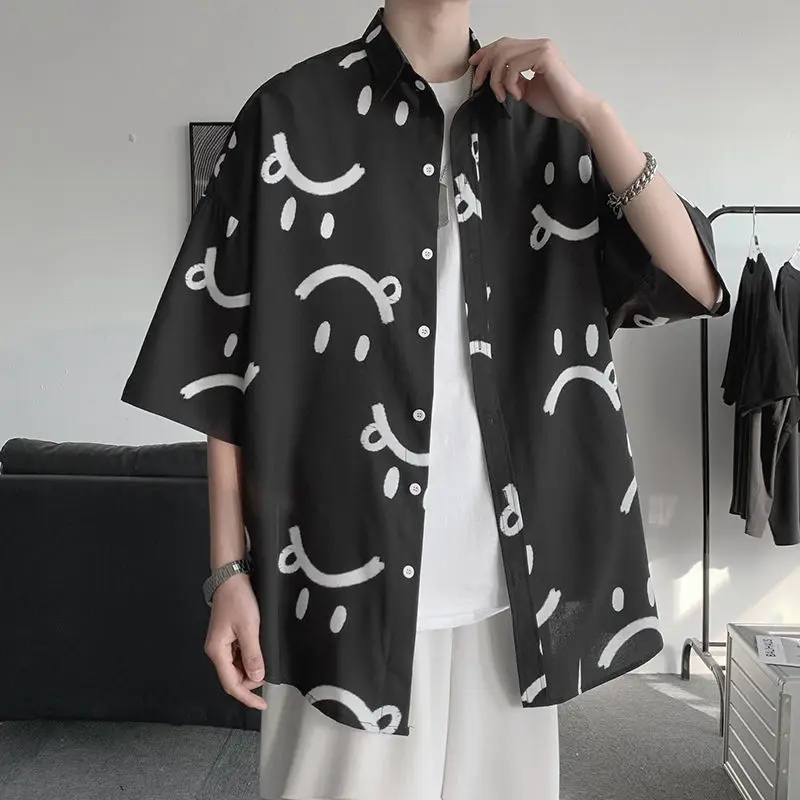 2023 Spring Summer Men's Shirts Half Sleeve  Korean Clothing Turn-down Collar Casual Fashion Male Blouses Tops E80