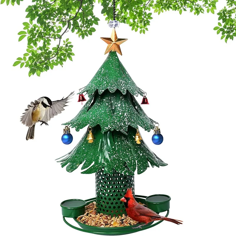 

Christmas Tree Shape Bird Feeder Metal Squirrel-Proof Bird Feeder with Water Cups Backyard Hanging Feeder for Wild Birds