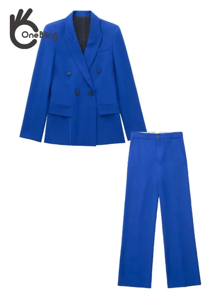 Женский облегающий Костюм-двойка OneBling офисный синий пиджак и длинные брюки