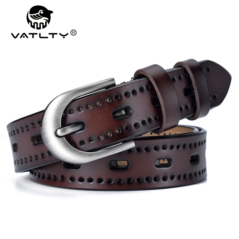 VATLTY 95cm-115cm Leather Belt for Women Alloy Silver Buckle Brown Belt Female 2.3cm Natural Cowhide Thin Trousers Belt