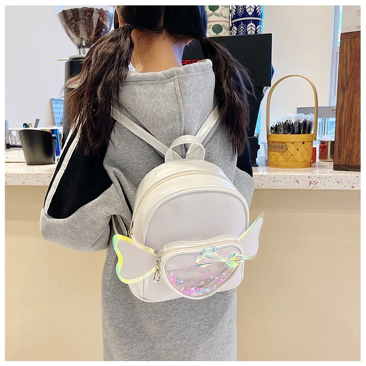 Children Fashion Transparent Laser Bow Small Backpack with Wings New Girls Princess Sweet PU Solid Color Schoolbags for Travel