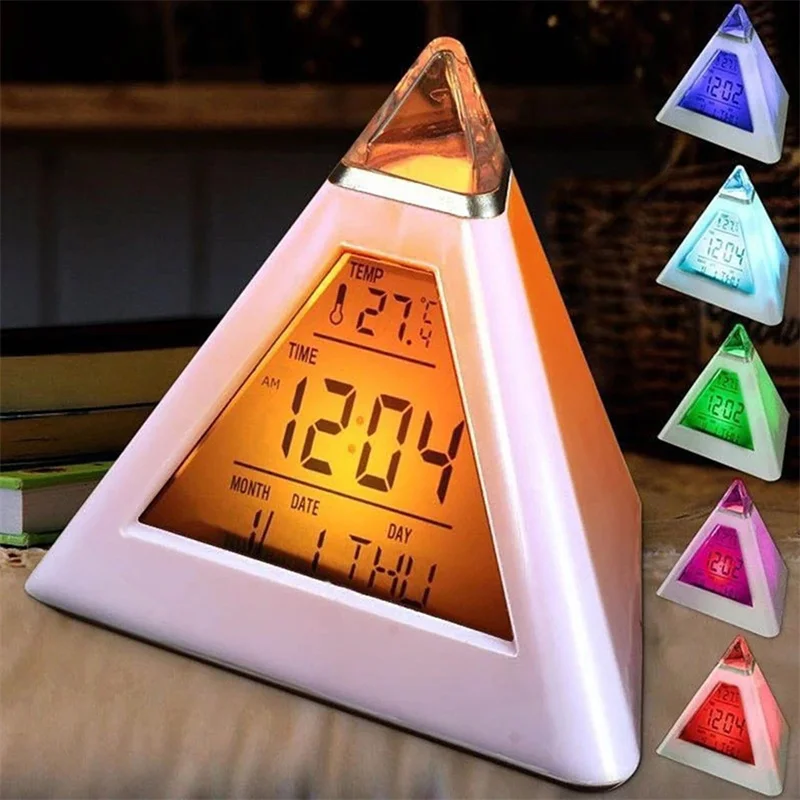 

Pyramid Digital LED Alarm Clock Pyramid Colorful Backlight Changeable Led Clock With Time Temperature Display Home Desk Clock