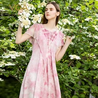 voa jacquard silk pink o neck short sleeved young style three dimensional decorative tuck pleated long silk dress dresses ae1360