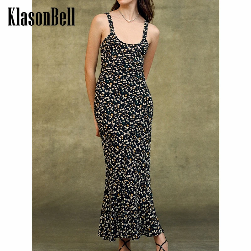 7.8 KlasonBell Holiday Sexy Silk Daisy Print Suspender Slim Trumpet / Mermaid Dress Women