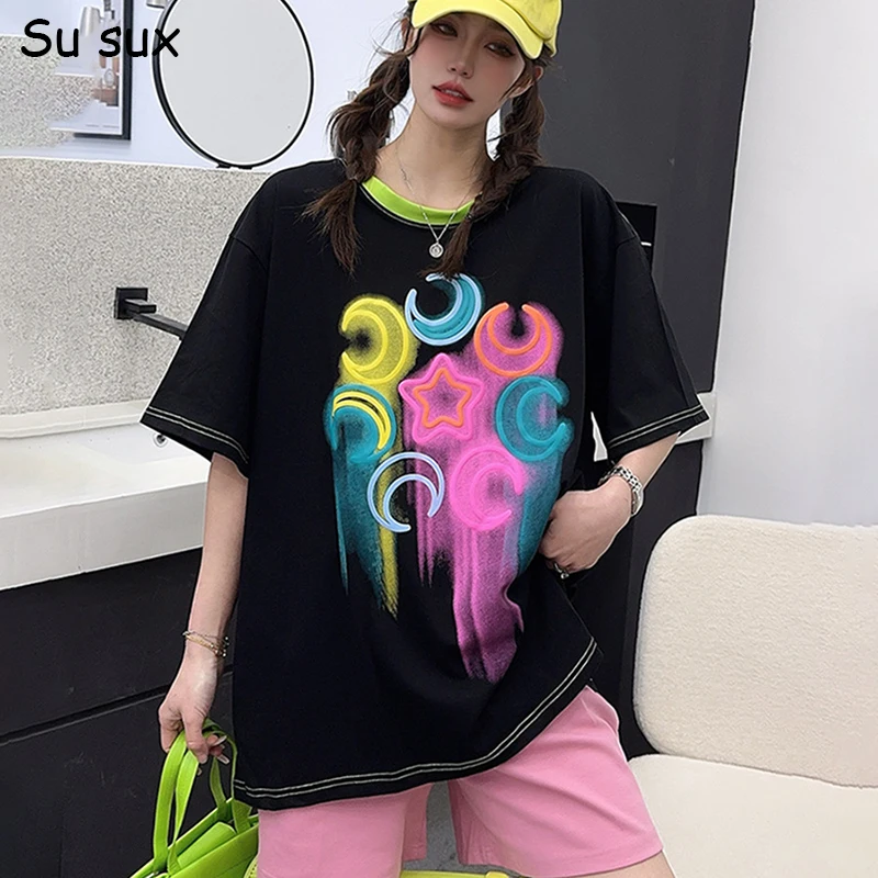 Футболка большого размера с принтом звезды и луны женские топы одежда Y2k