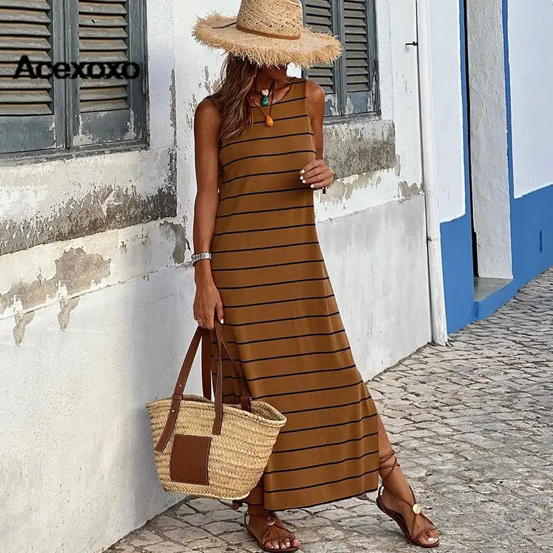 

2023 summer new striped printed sundress Amazon new round neck sleeveless high waist slim low neckline dress