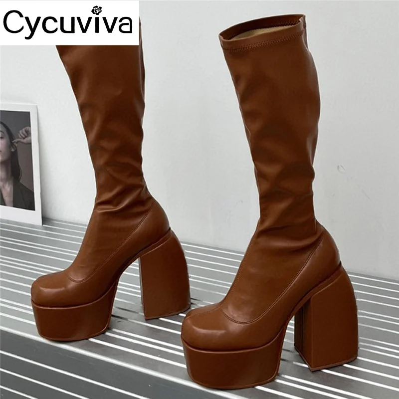 

Genuine Leather Platform Knee High Boots Women Super Block Heel Modern Long Boots High Heel Party Shoes Women 2022 Botas Mujer