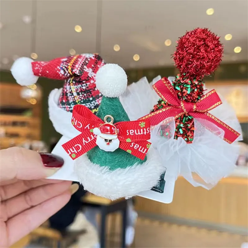 

1pc Retail Christmas Hair Clips Girls Festival Gift Hat Hairpin Cute Stocking Santa Cones Snow Hairpins Headwear Hair Accessory