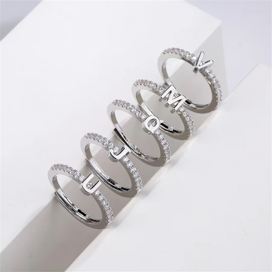 

Shiny Zircon 26 Initials A-Z Letter Rings For Women Silver Color Name Alphabet Opening Rings Female Wedding Couple Jewelry Gifts