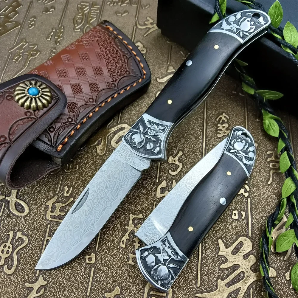 

Outdoor Camping Self-defense Folding Knife Damascus Steel Blade Ebony Handle Jungle Adventure Tactical Knife Gift Leather Sheath